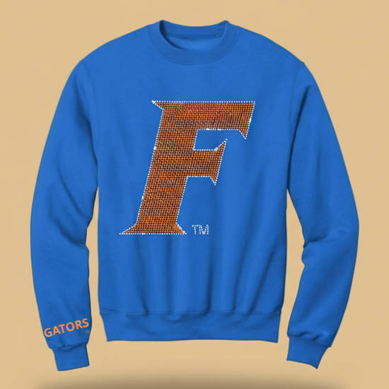 Blue sweatshirt with a large orange &