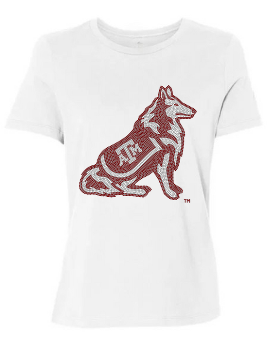 White t-shirt with red and white logo on a white background