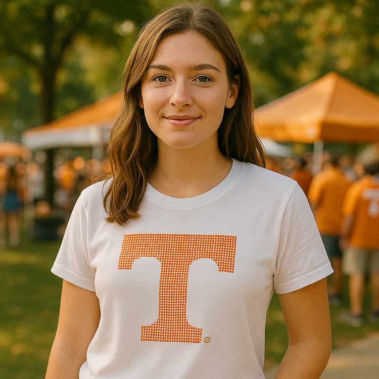 Person wearing a white t-shirt with an orange &