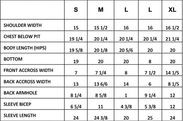 Size chart for clothing measurements in centimeters