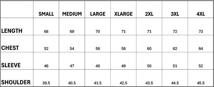 Measurement chart for clothing sizes with columns labeled &