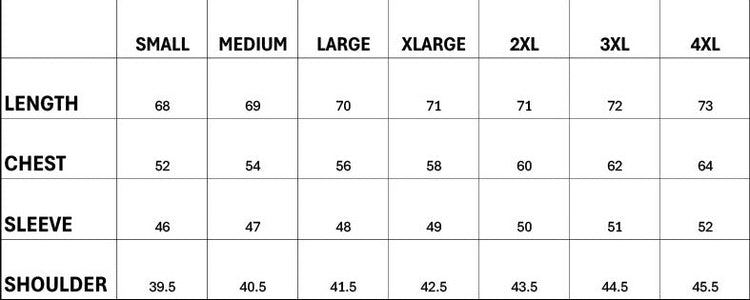 Measurement chart for clothing sizes with columns labeled &