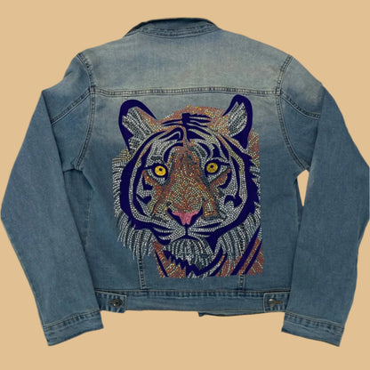 Purple Tiger Face Medium Wash Blue Denim Jacket