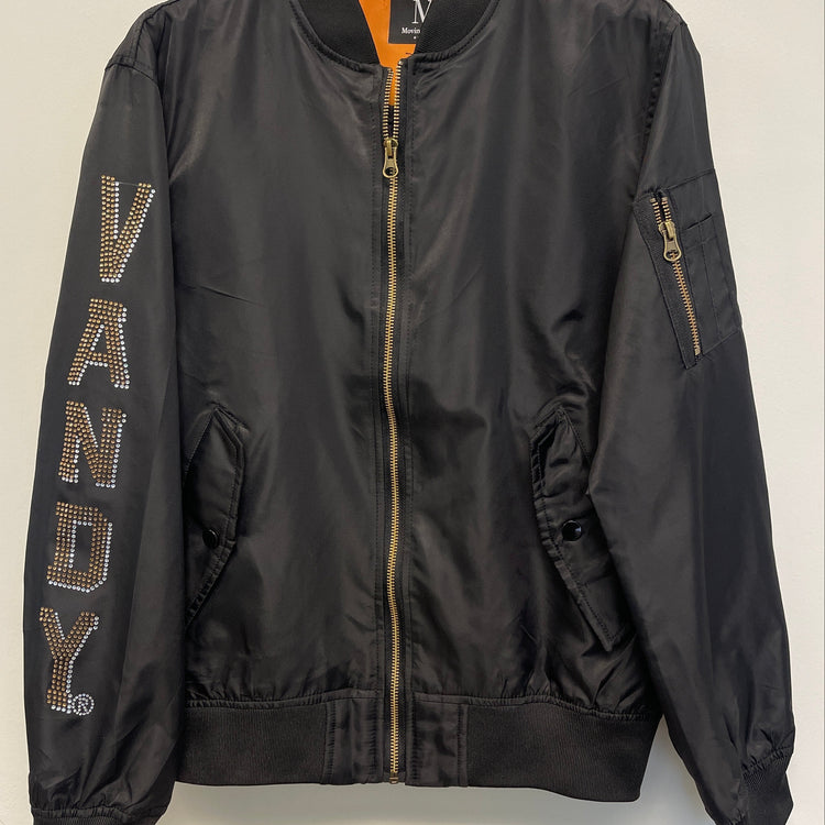 Black bomber jacket with &