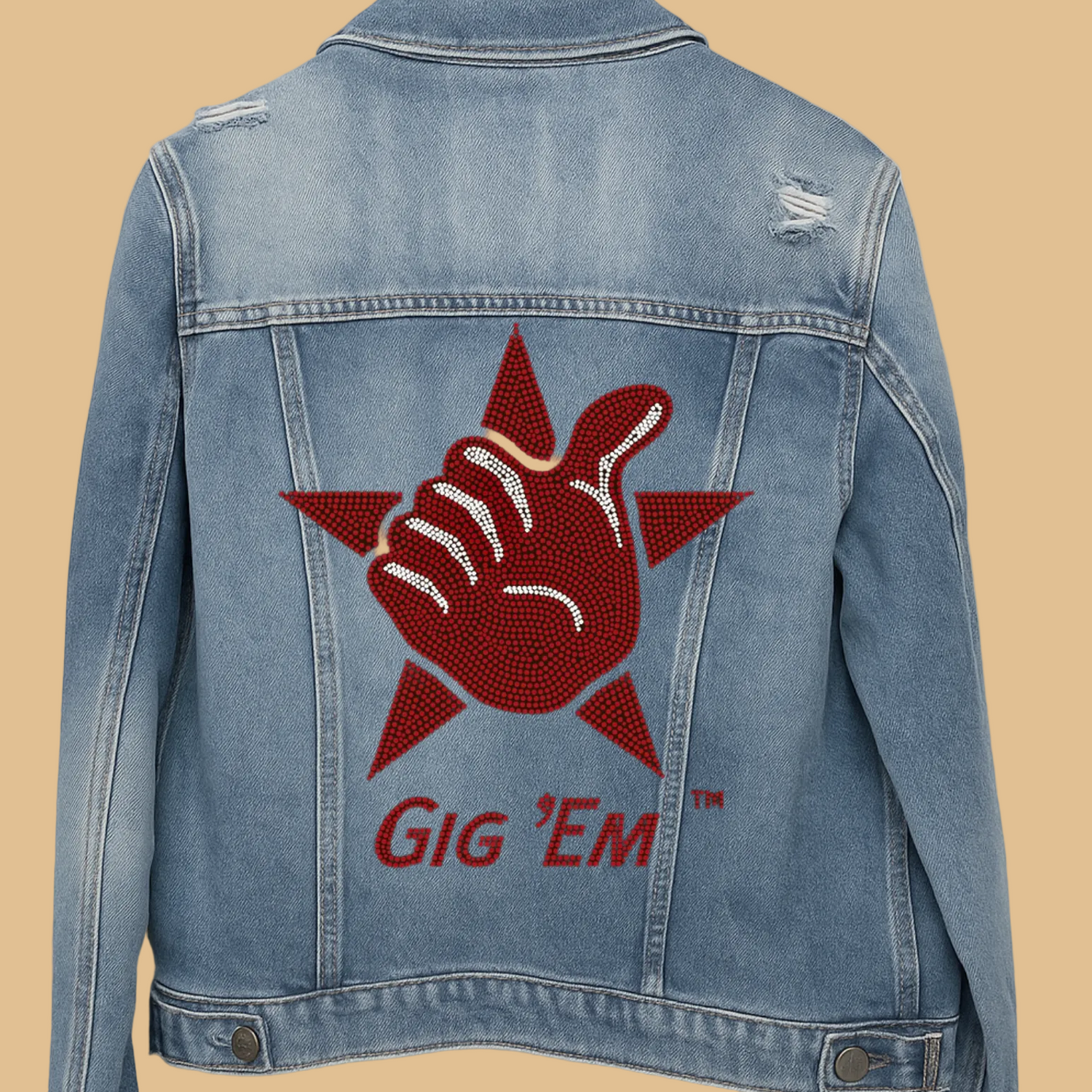 Blue denim jacket with red graphic and &