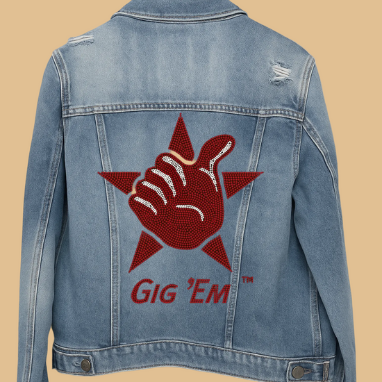 Blue denim jacket with red graphic and &