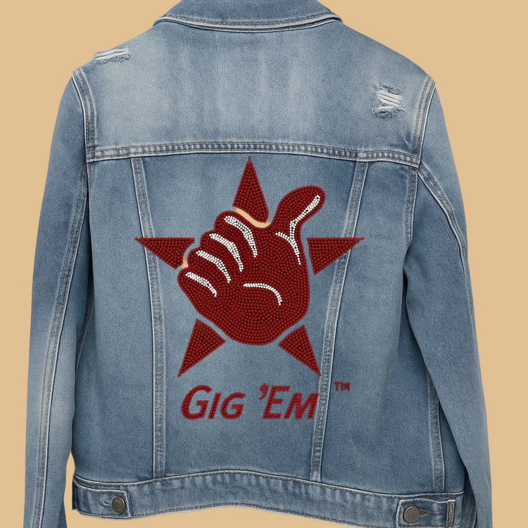 Blue denim jacket with red graphic and &