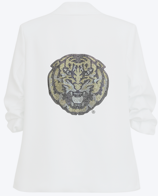 White blazer with a tiger face design made of black beads on a white background