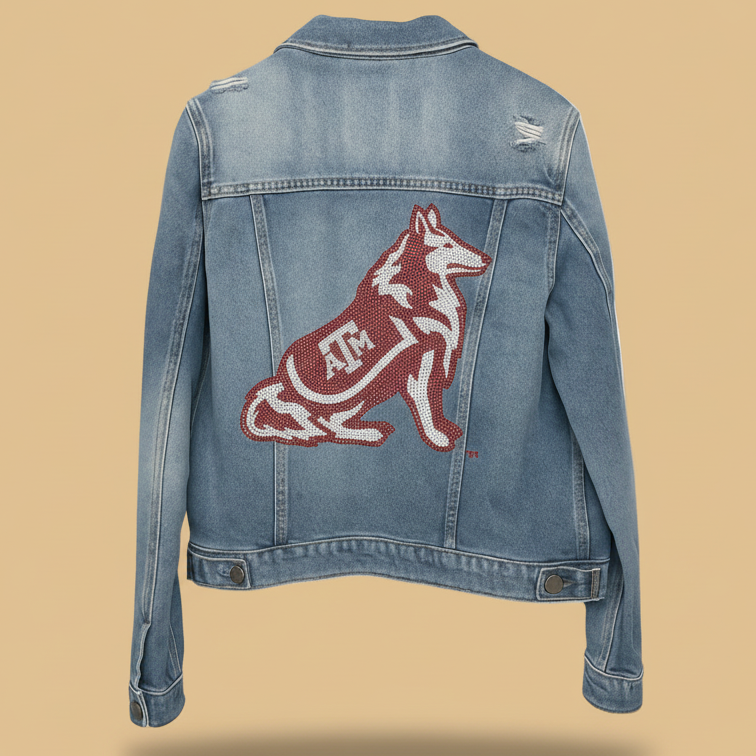 Blue denim jacket with a red and white logo on a white background