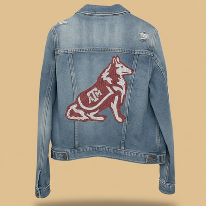 Blue denim jacket with a red and white logo on a white background