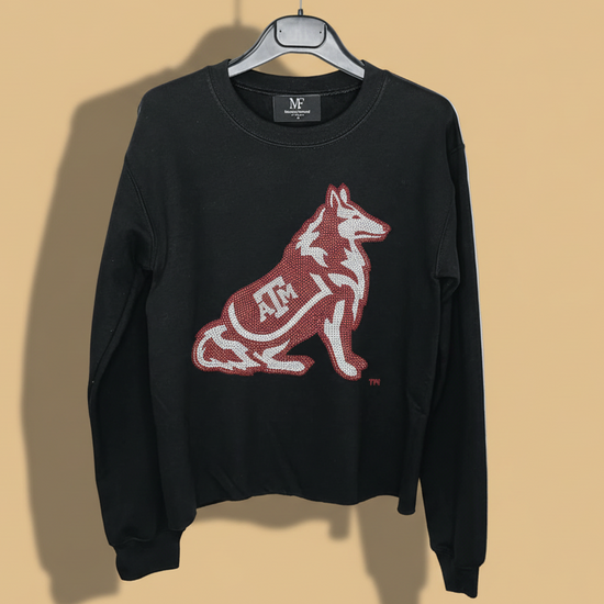 Black sweatshirt with red and white logo on a hanger against a white background