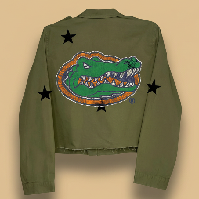 Green jacket with a gator logo and stars on a white background