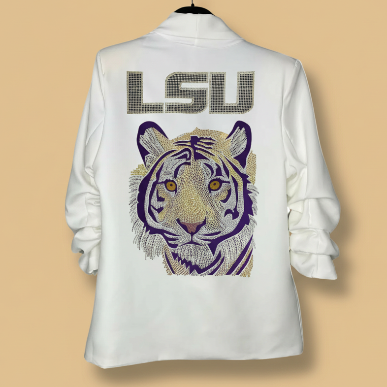 White shirt with LSU logo and tiger design on a white background