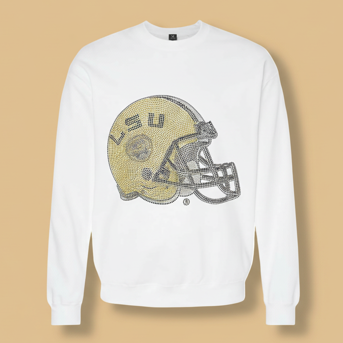 White sweatshirt with LSU helmet design on a white background