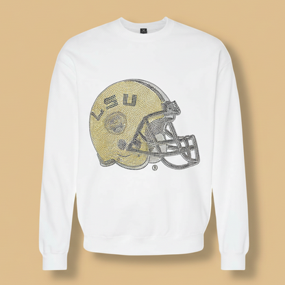 White sweatshirt with LSU helmet design on a white background