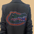 Black blazer with a colorful alligator logo on a mannequin against a white background