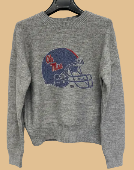 Gray sweater with Ole Miss logo on a hanger