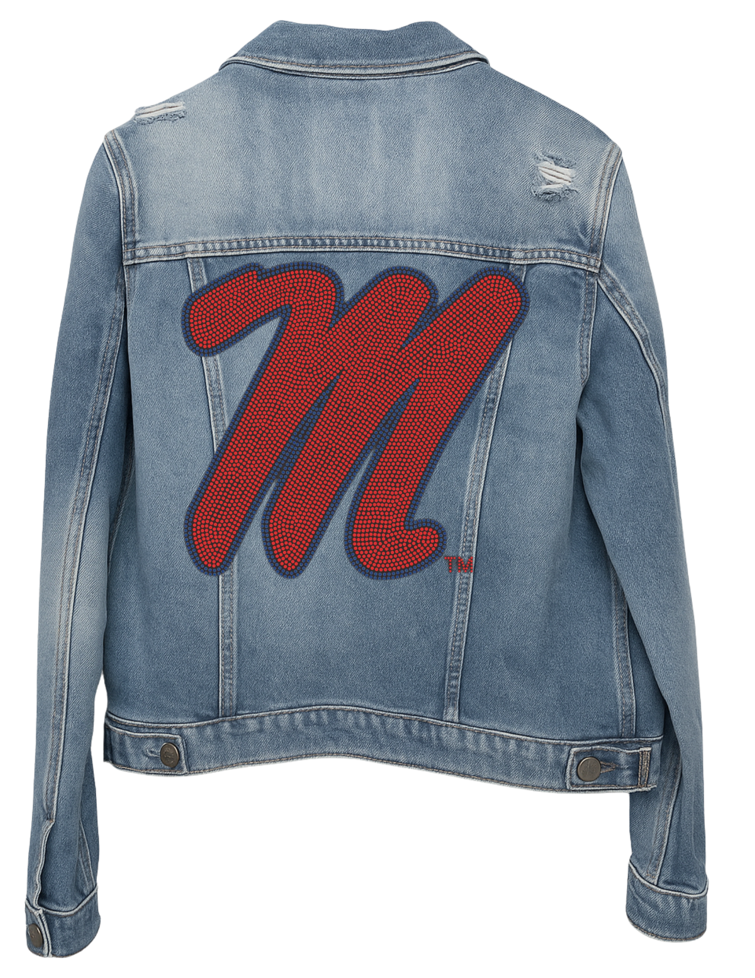 Denim jacket with a large red letter &