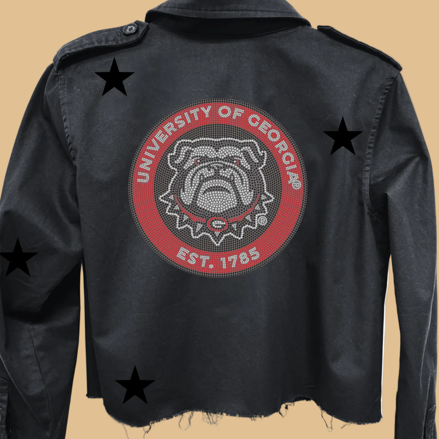 Black jacket with University of Georgia logo and stars on a white background