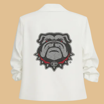 White sweatshirt with a bulldog graphic and &