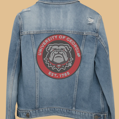 Blue denim jacket with a University of Georgia patch on a white background
