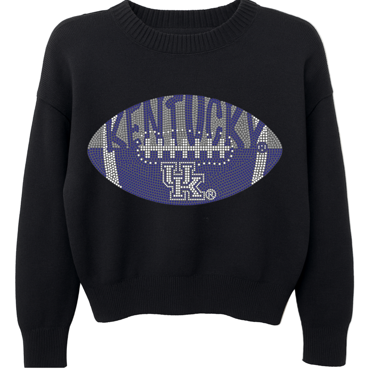 Black sweater with a football design featuring &