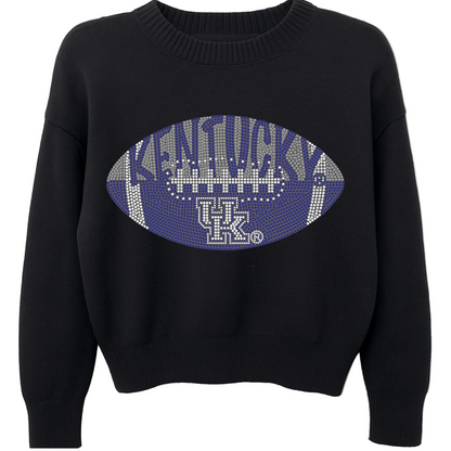 Black sweater with a football design featuring &