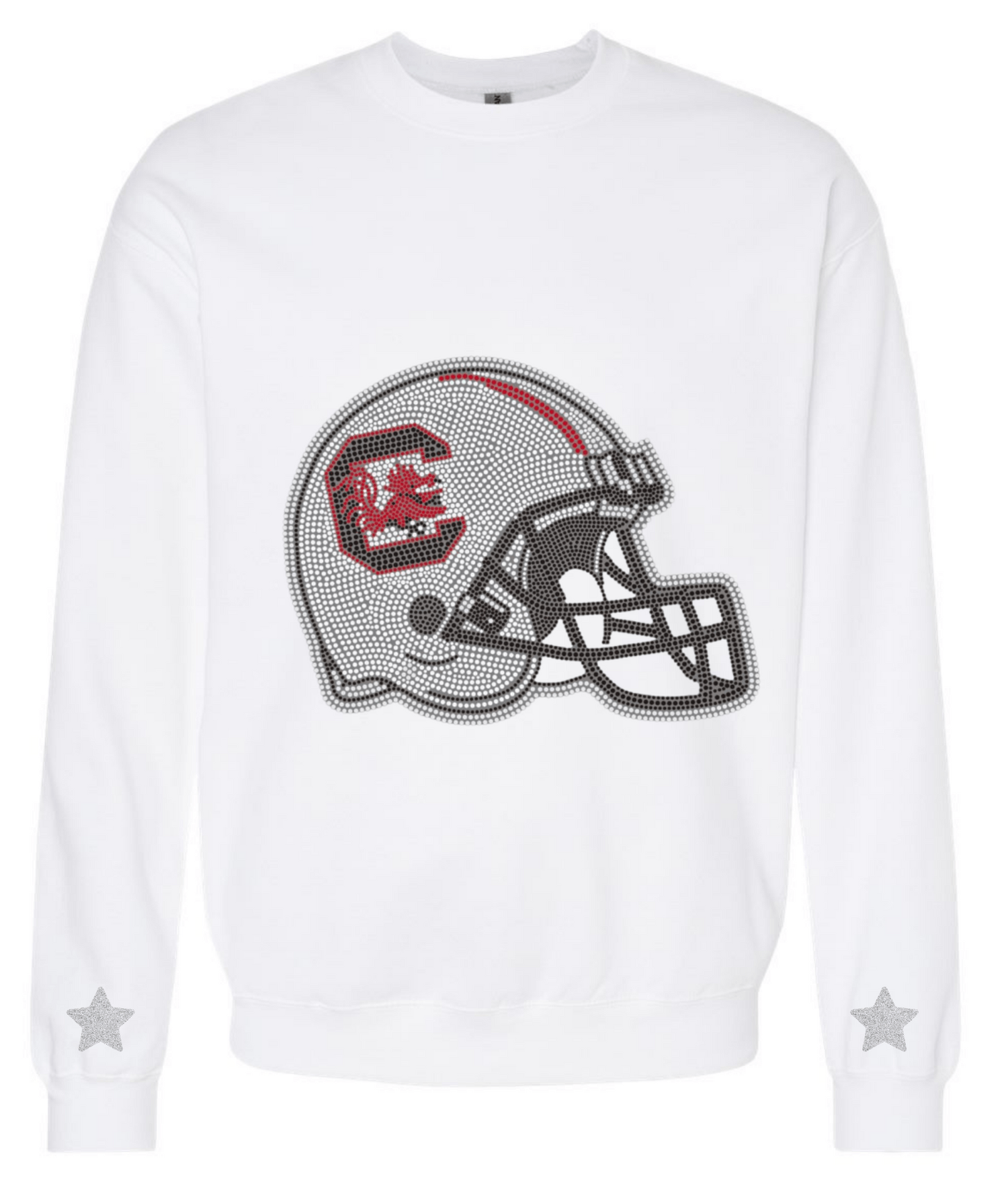 White sweatshirt with a football helmet graphic and star details on a white background