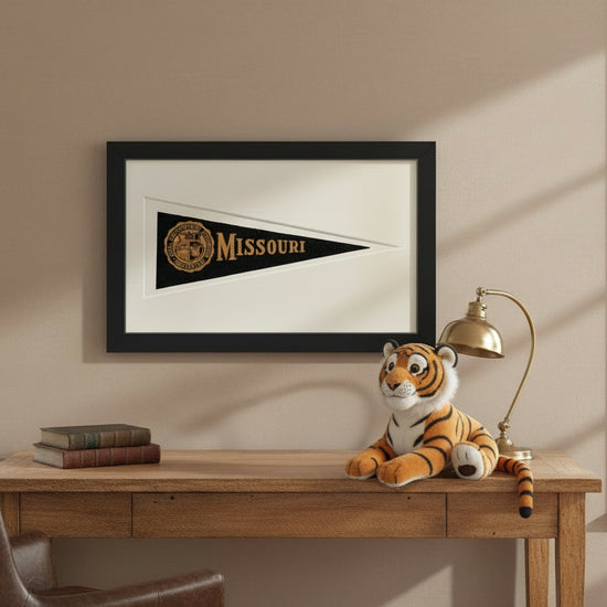 Framed Missouri pennant flag with black border on a white background