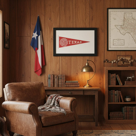 Framed red and white pennant with &