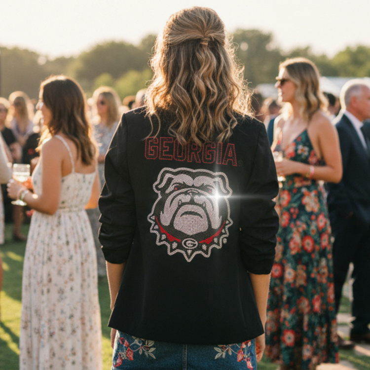 Person wearing a black jacket with &