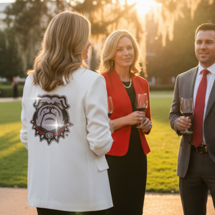 Three people standing outdoors with a woman in a white jacket with a logo, a woman in a red jacket, and a man in a suit.