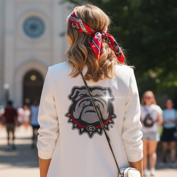 Person wearing a white jacket with a logo and denim shorts, holding a matching bag outdoors.