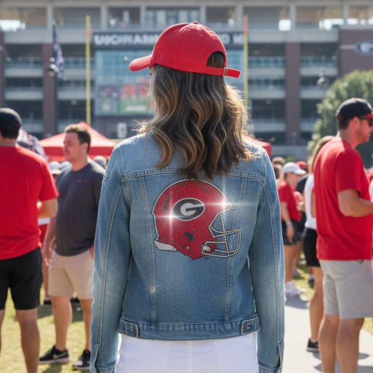 Person wearing a denim jacket with a helmet logo and red cap at a sports event.