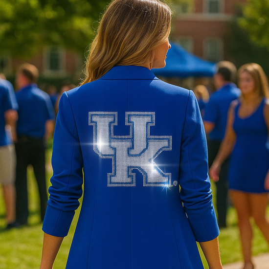 Person wearing a blue jacket with &