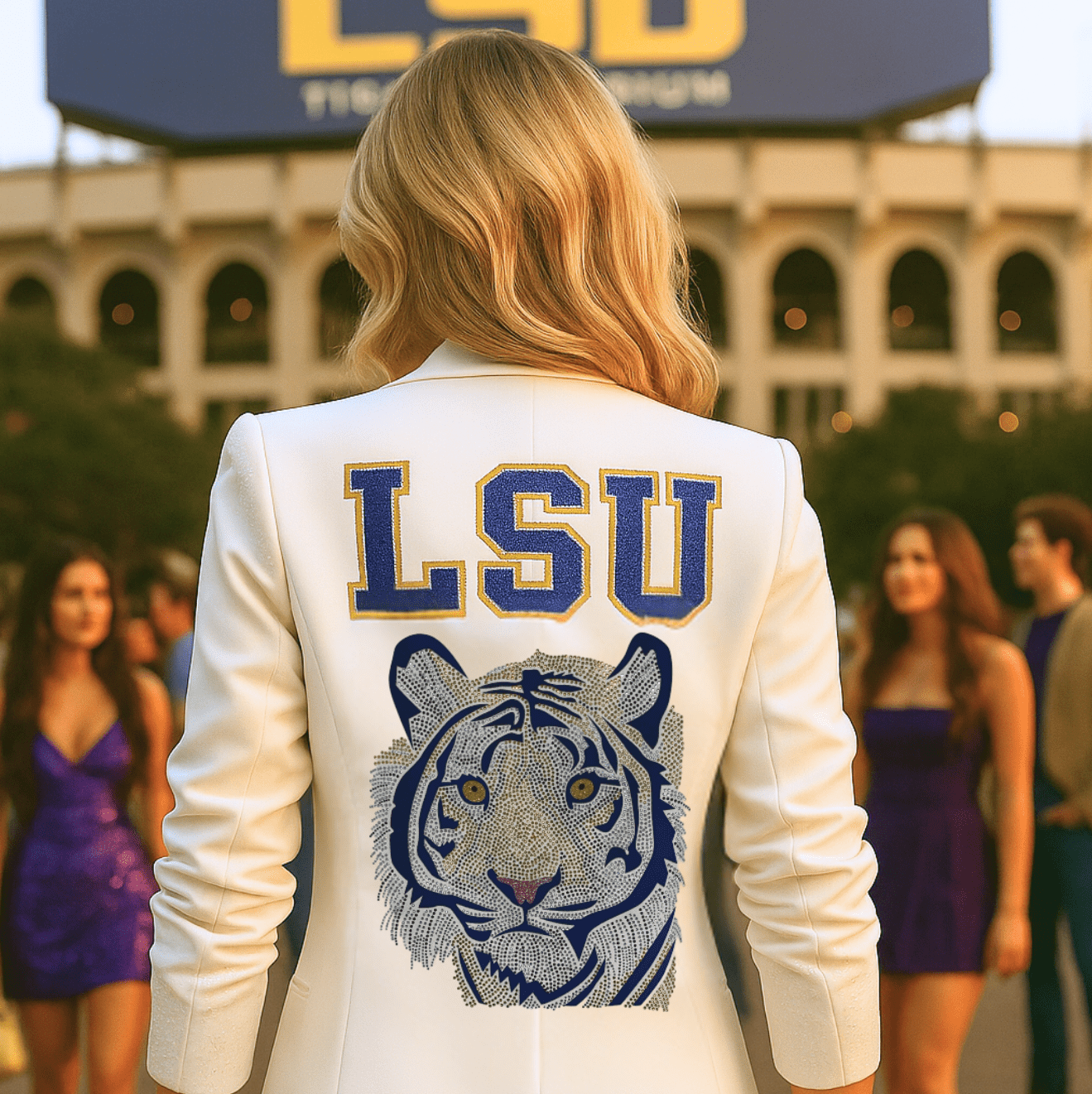 Person wearing a white jacket with LSU logo and tiger emblem in front of LSU stadium.