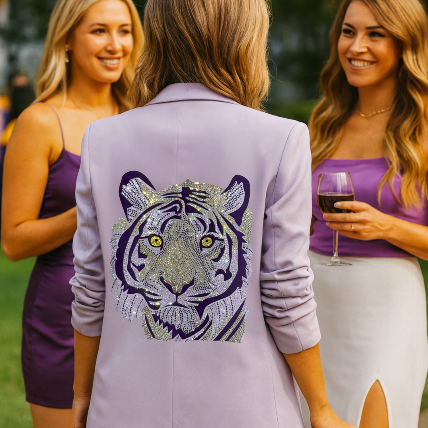 Woman wearing a purple blazer with a tiger design, standing outdoors with two other women.