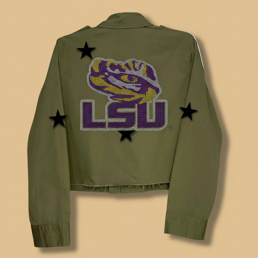 Green jacket with LSU logo and stars on a white background