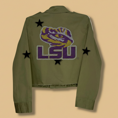 Green jacket with LSU logo and stars on a white background