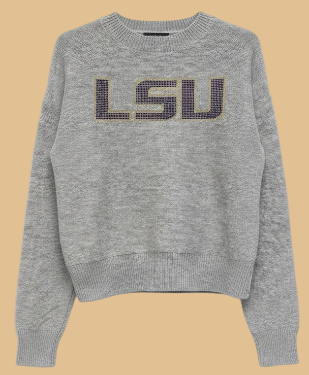 Gray sweater with LSU logo on a hanger