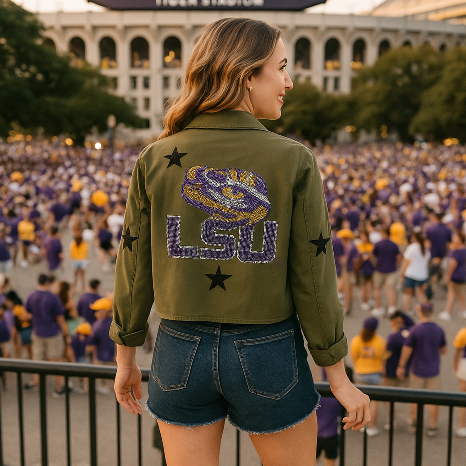Person wearing an LSU jacket at a stadium event