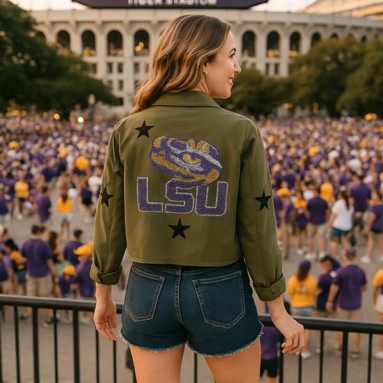 Person wearing an LSU jacket at a stadium event