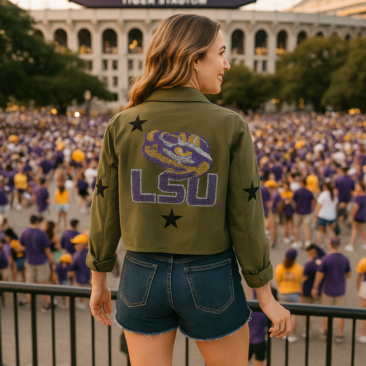 Person wearing an LSU jacket at a stadium event