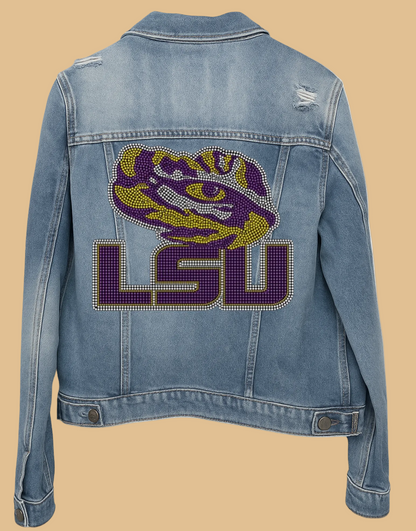 Denim jacket with LSU logo on a white background