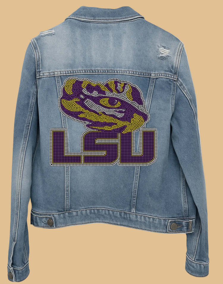 Denim jacket with LSU logo on a white background