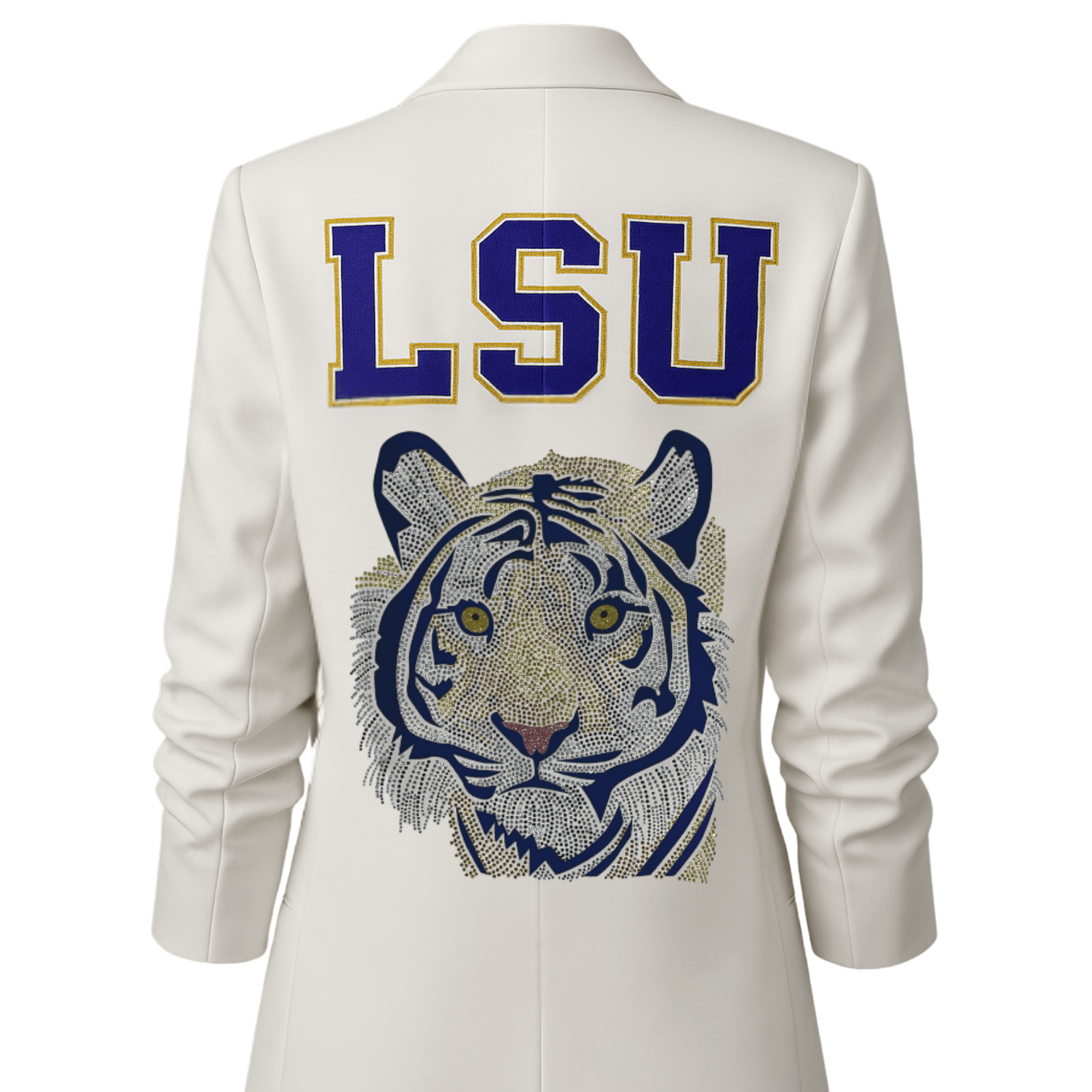 White blazer with LSU logo and tiger emblem on a white background