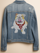 Denim jacket with a bulldog graphic and &