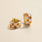 Orange & White Checkered Enamel Huggie Earrings
