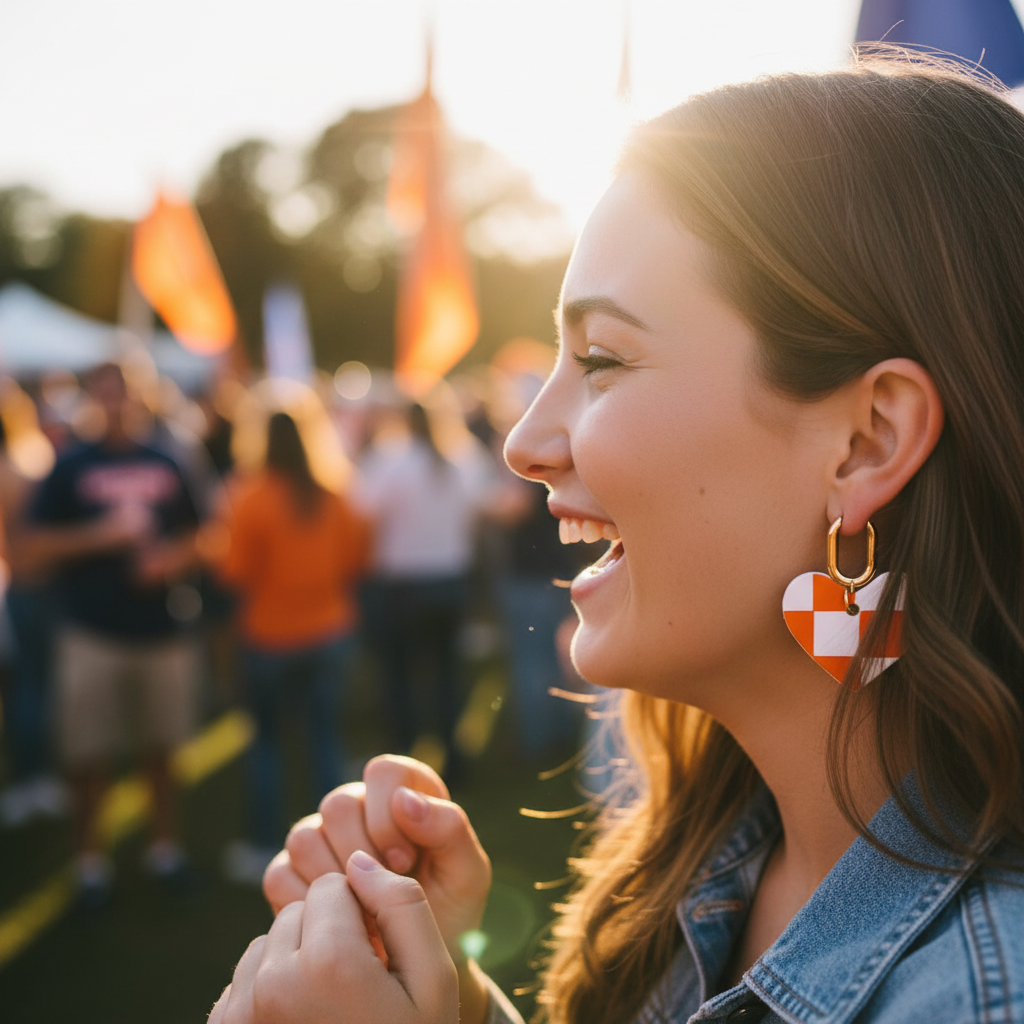 Heart-shaped checkered earrings on a beige background