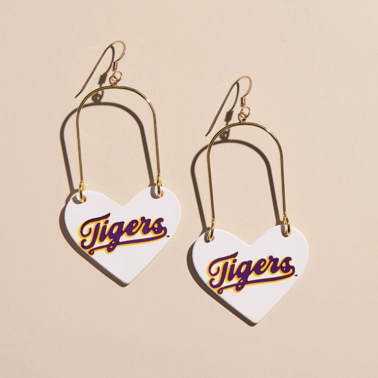 White LSU Tigers Heartthrob Leather Earrings